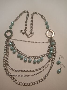 #1175.  Silver Toned Multi Layer Chain & Blue Pearl Necklace & Earring Set
